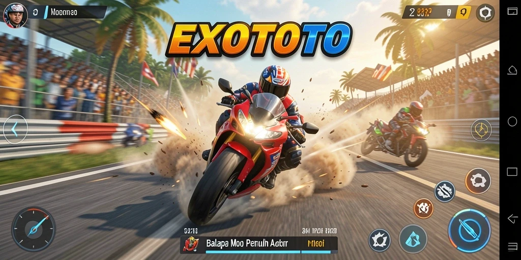 Screenshot EXOTOTO menunjukkan balapan motor seru dan grafis berkualitas tinggi.