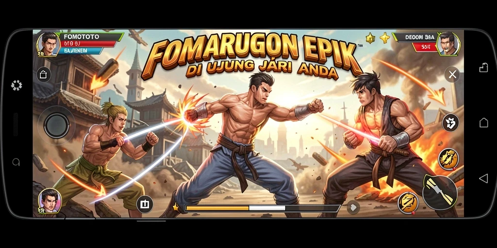 Screenshot dari gameplay FOMOTOTO yang menampilkan pertarungan seru.