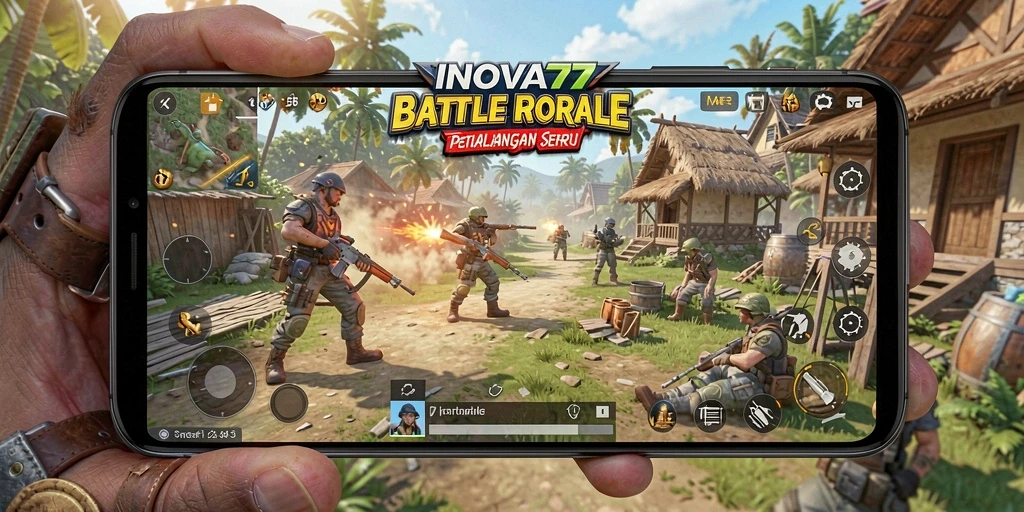Tangkapan layar utama INOVA77 menampilkan aksi seru dalam pertarungan Battle Royale.