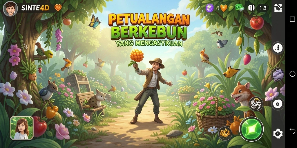 Tangkapan layar gameplay SINTE4D menampilkan aktivitas berkebun yang menyenangkan dan interaktif.